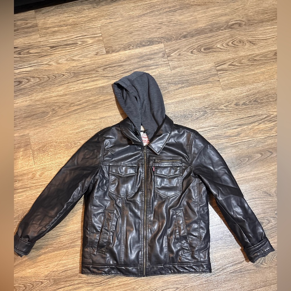 Vintage Men's Brown Faux Leather Hooded bomber Jacket size Medium Sherpa lined